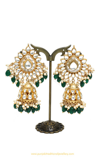 Gold Finished Kundan Emerald Jhumki Earrings by PTJ